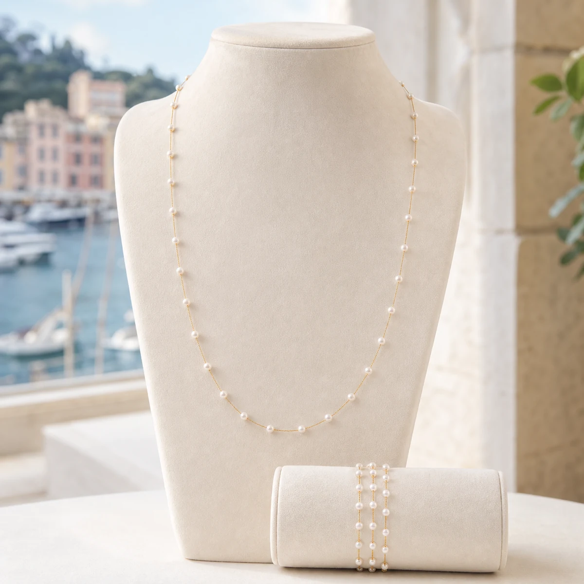 Colar longo e pulseira tripla do Conjunto Portofino apresentados em expositores